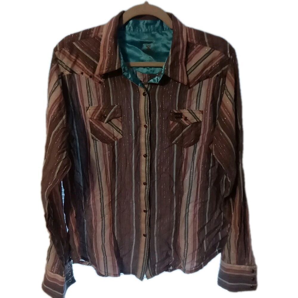 Twenty X Wrangler Shirt Womens XL Brown Embroidered Pearl Snap Western Bling